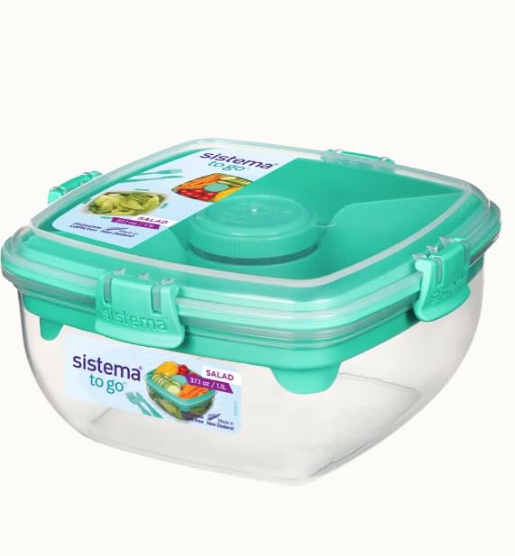 Sistema Salad TO GO | Lunch Box with Individual Compartments, Travel Cutlery & Dressing Pot| 1.1L | BPA-Free | Assorted Colours