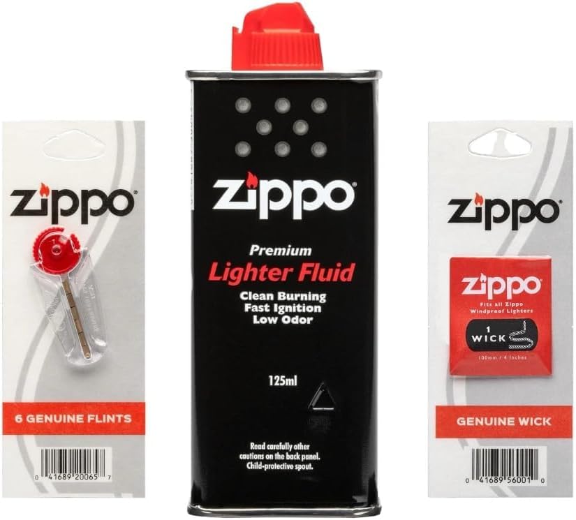 Zippo Lighter Fluid & Accessory Kit: 125ml Windproof Fuel Refill, Genuine Zippo Wick, & 6 Zippo Flints