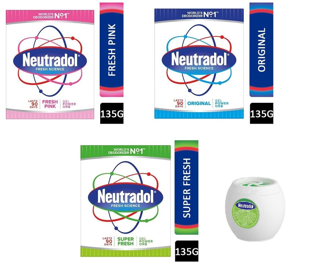 Neutradol Gel Power Orbs - 3-Pack: Super Fresh, Fresh Pink & Original Scents for Clean, Fresh Air at Home and Work