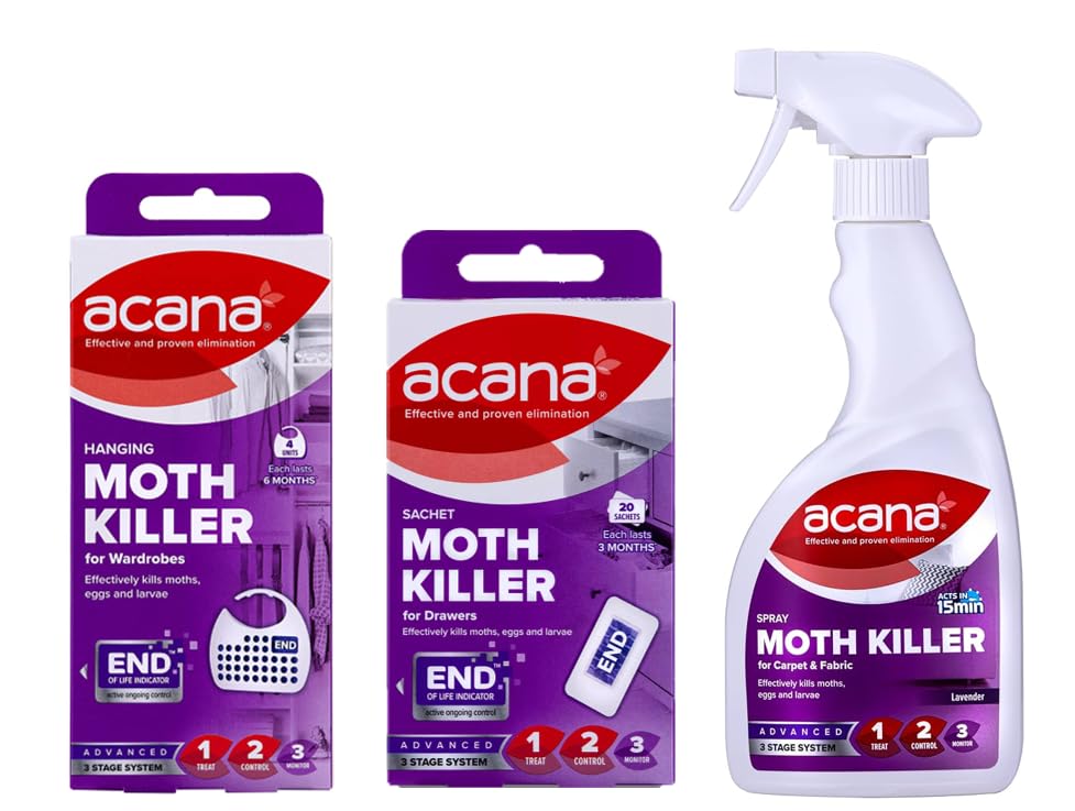 Dezpo | Acana Moth Protection Set - Lavender Fragrance, Natural Oils | 4 Hanging Moth Killers | 20 Sachets | 500ml Carpet & Fabric Freshener | Long-Lasting Clothing & Bedding Protection