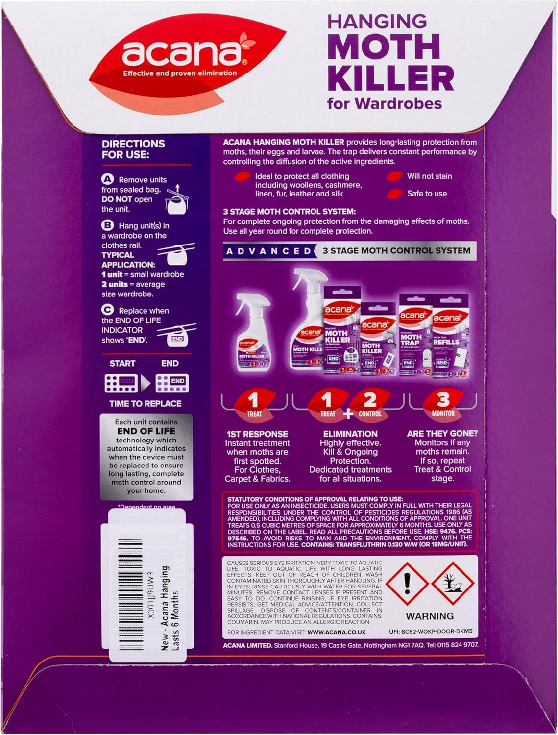 Acana Hanging Moth Killer & Freshener - 8 Pack, Lavender Scent with Natural Oils, 6-Month Protection for Wardrobes, Clothing & Bedding