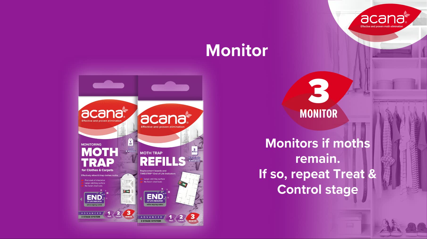 Acana Hanging Moth Killer & Freshener, 4 Pack - Lavender Fragrance, Natural Oils - For Wardrobes - Protects Clothing & Bedding - Each Lasts 6 Months