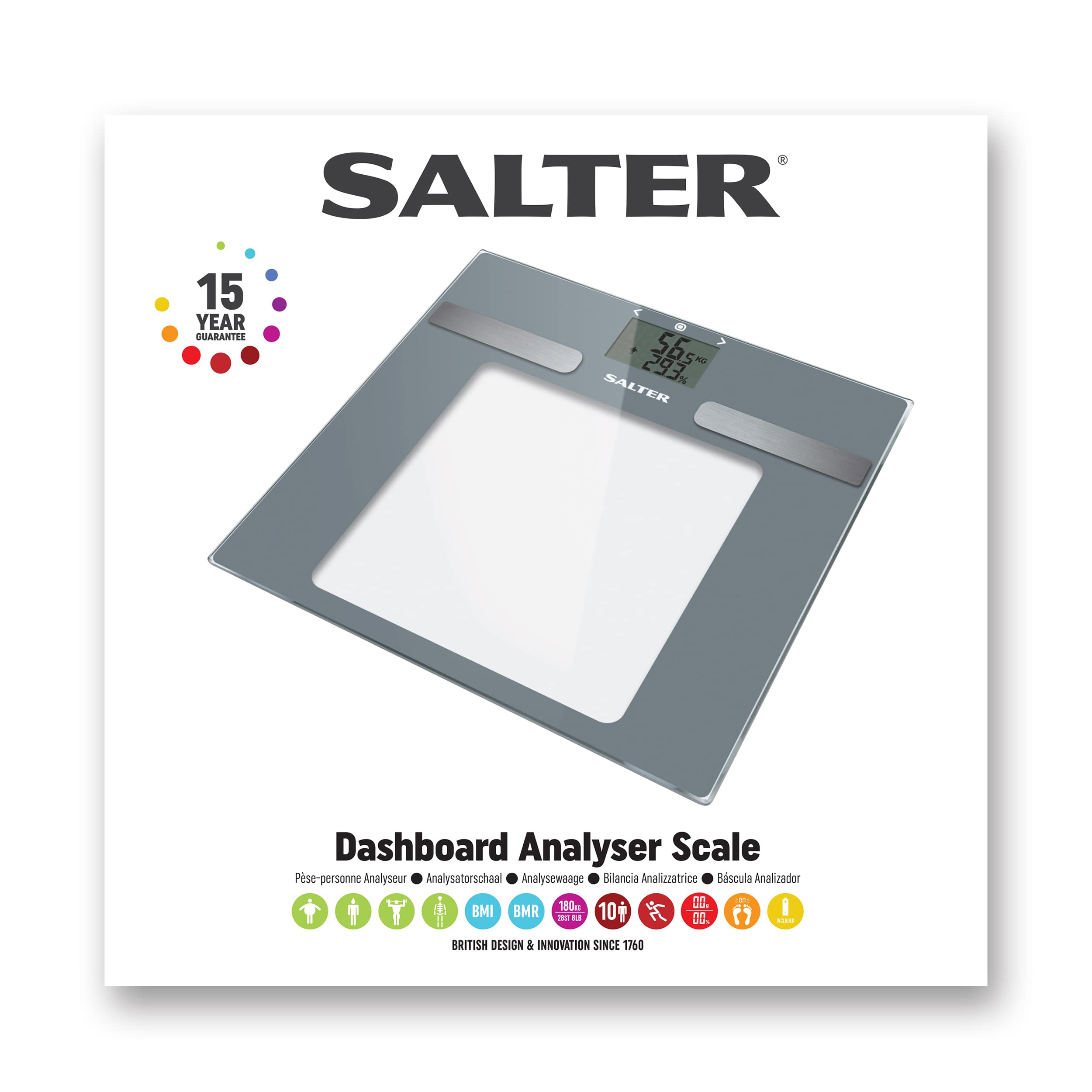 Salter 9194 SV3R Dashboard Glass Analyser Bathroom Scale, Digital Display, 180KG Capacity, Measures Weight, Body Fat/Water, Muscle/Bone Mass, BMI/BMR, 10 User Memory, Athlete Mode, Carpet Feet, Silver