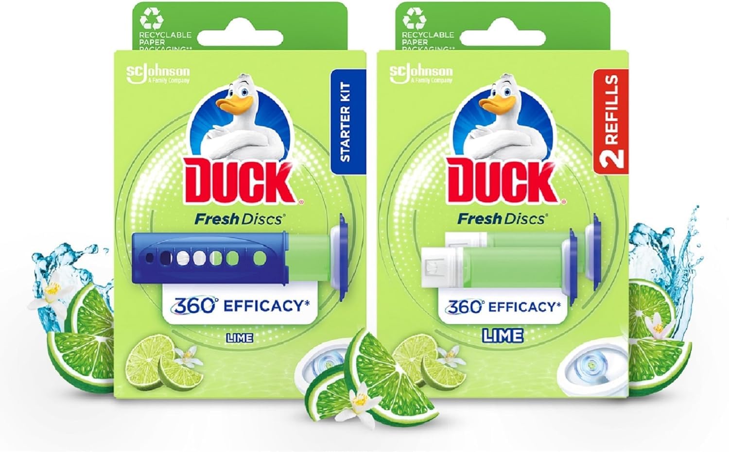 Duck Fresh Discs Toilet Cleaner Starter Kit, Each Disc Lasts For Up To 630 Flushes, Fights Stains That Harbour Germs, Lime, Pack Of 3 (Each Box Contains 1 Holder + 6 Discs)