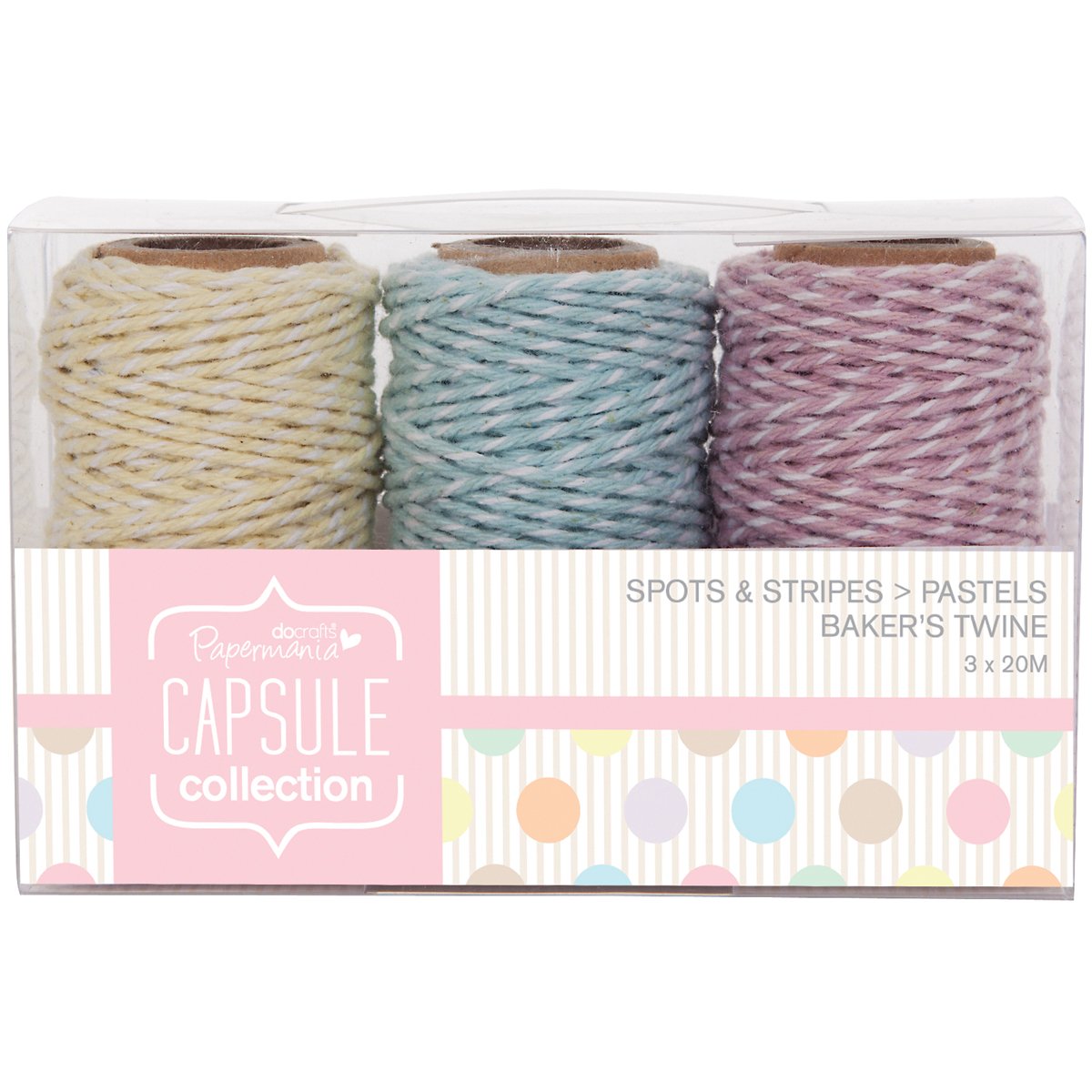 Papermania Spots/Stripes Pastels Bakers Twine 3/Pkg-3 Colors, 20 Meters Each