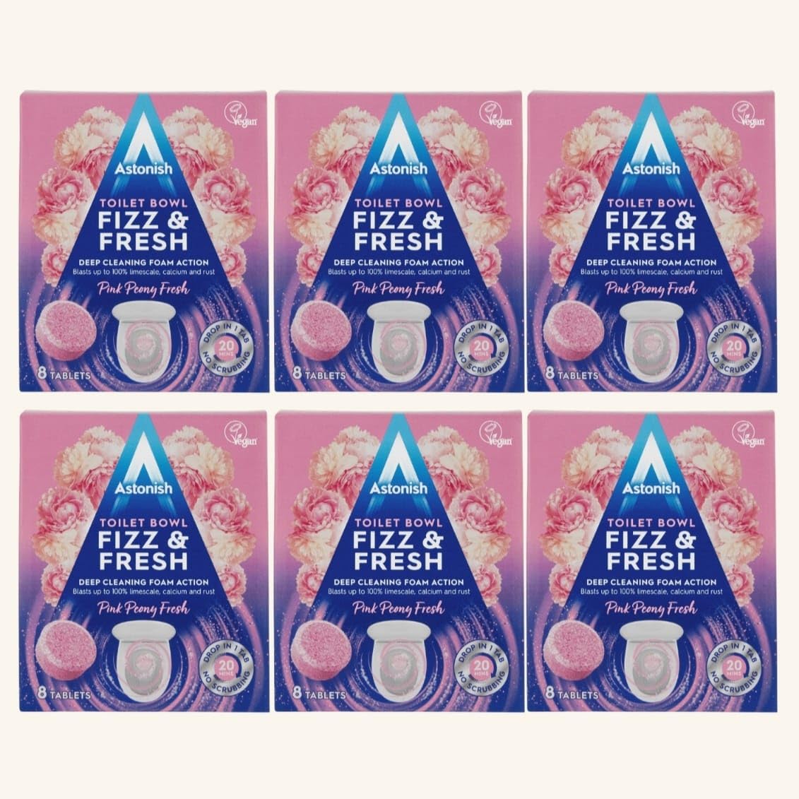 Astonish Toilet Bowl Fizz & Fresh Deep Cleaning Foam Action (Pink Peony Fresh - Pack of 6, 8 Tablets)