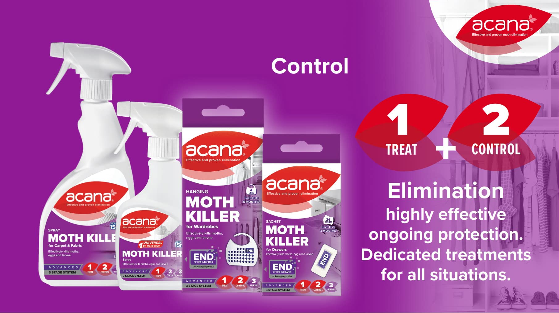 Acana Hanging Moth Killer & Freshener, 4 Pack - Lavender Fragrance, Natural Oils - For Wardrobes - Protects Clothing & Bedding - Each Lasts 6 Months