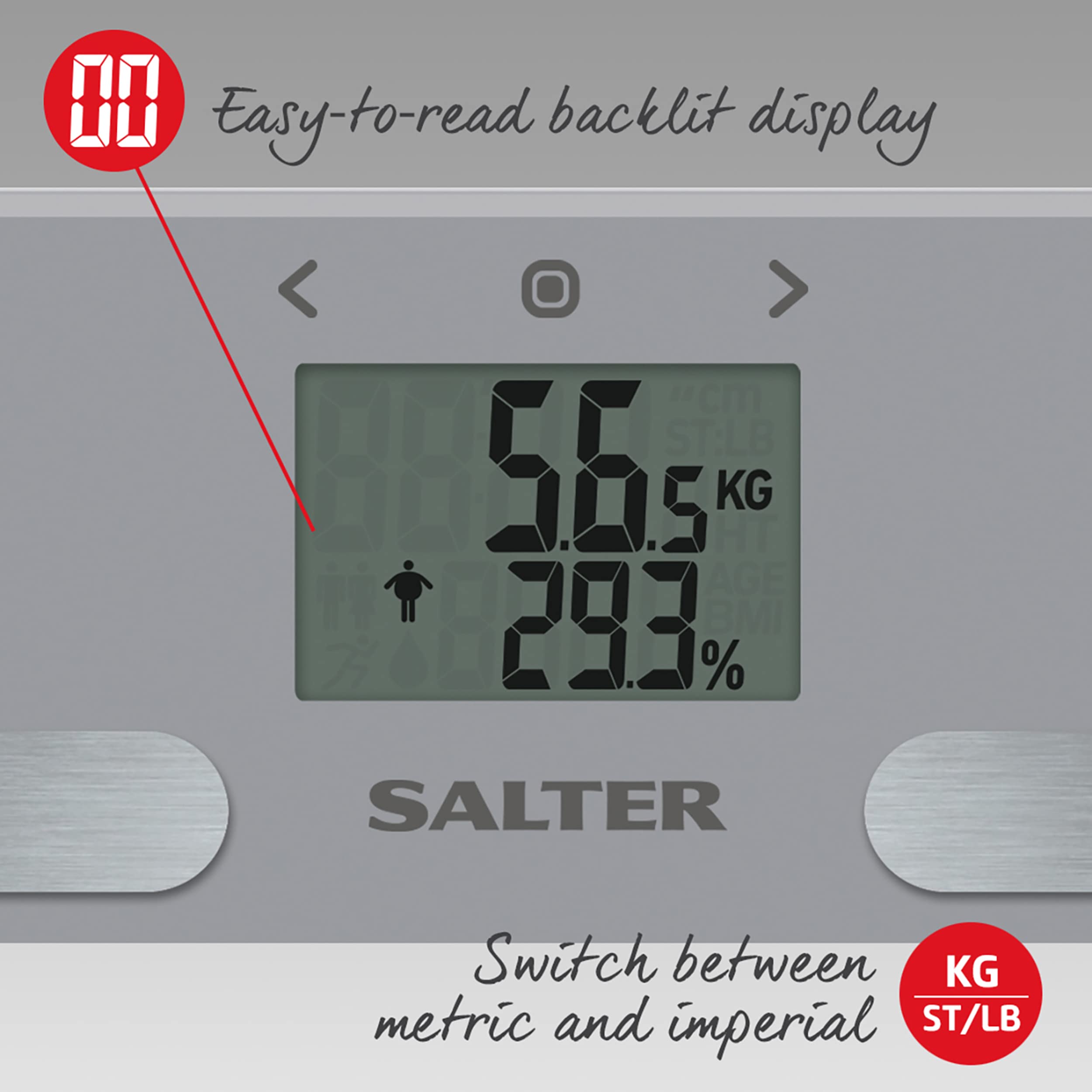 Salter 9194 SV3R Dashboard Glass Analyser Bathroom Scale, Digital Display, 180KG Capacity, Measures Weight, Body Fat/Water, Muscle/Bone Mass, BMI/BMR, 10 User Memory, Athlete Mode, Carpet Feet, Silver