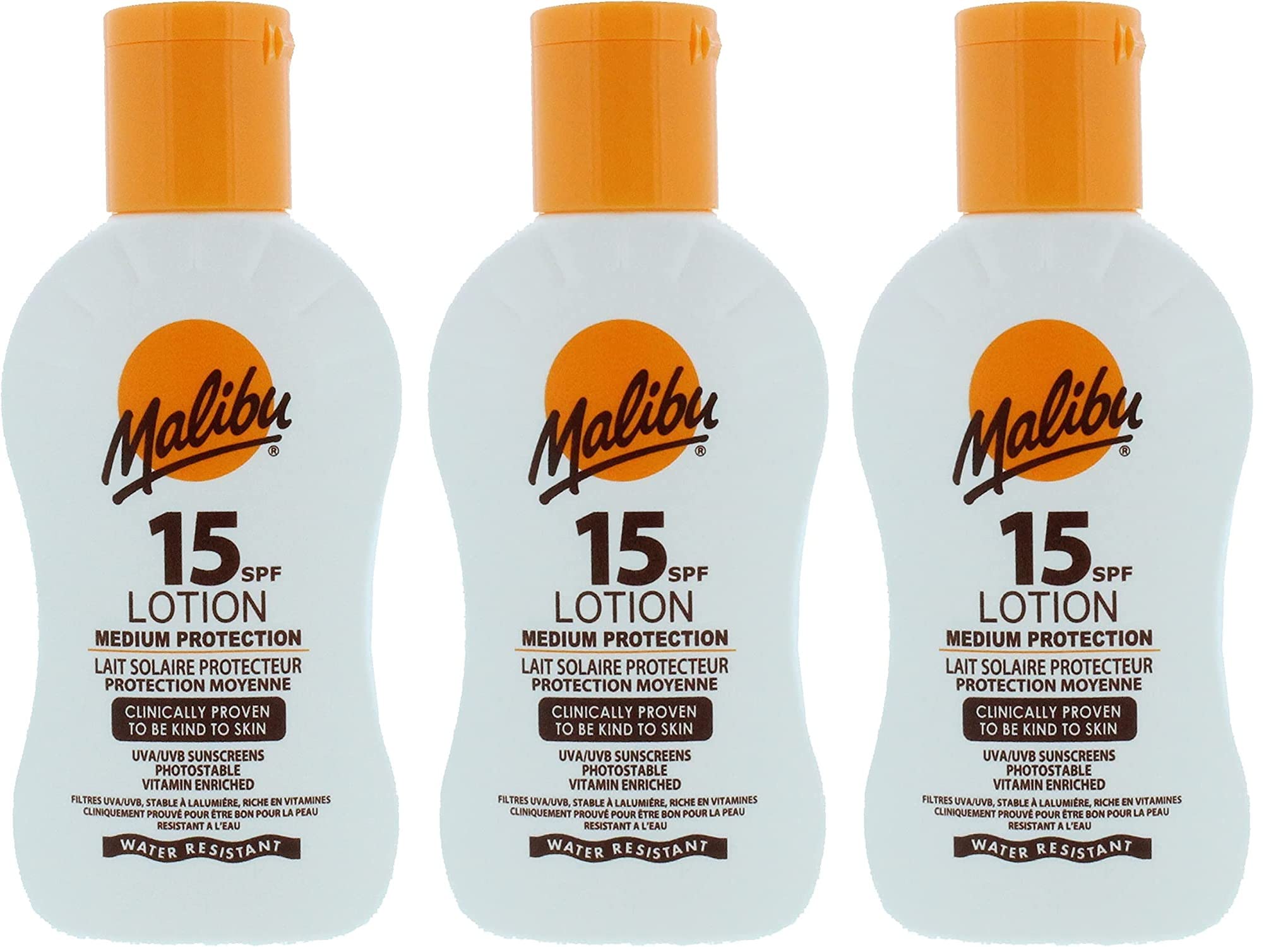 Malibu High Protection Water Resistant Vitamin Enriched SPF 15 Sun-Screen Lotion, 100ml 3 Pack