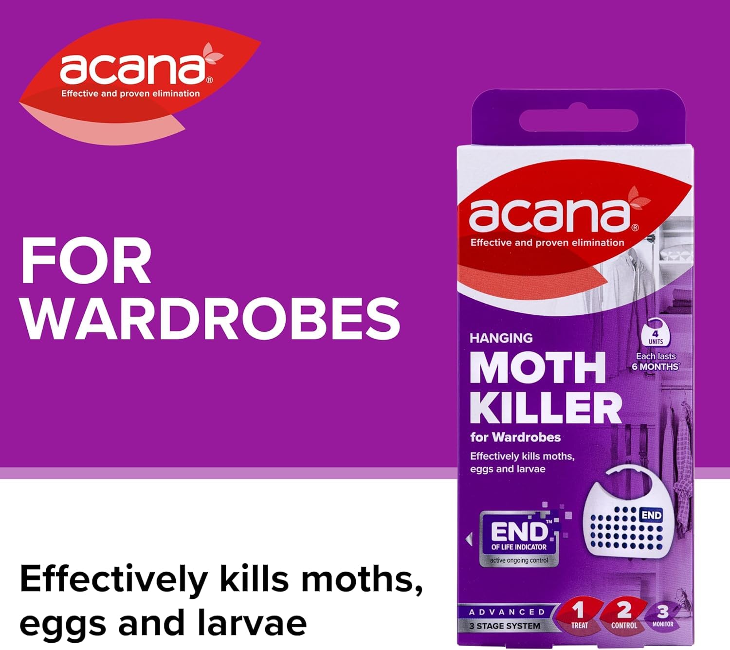 Acana Hanging Moth Killer & Freshener - 8 Pack, Lavender Scent with Natural Oils, 6-Month Protection for Wardrobes, Clothing & Bedding