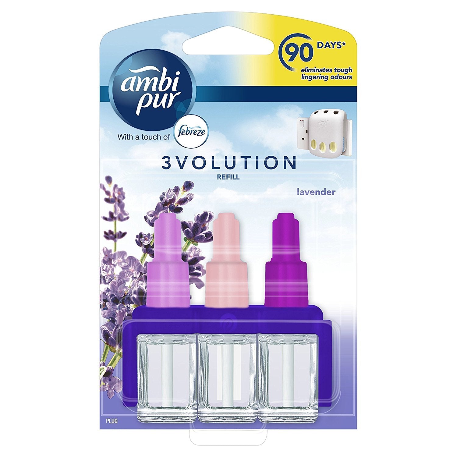 Febreze 3Volution Plug In Air Freshener Refill, 20ML Odour Eliminator & Bathroom Air Freshener, Lavender