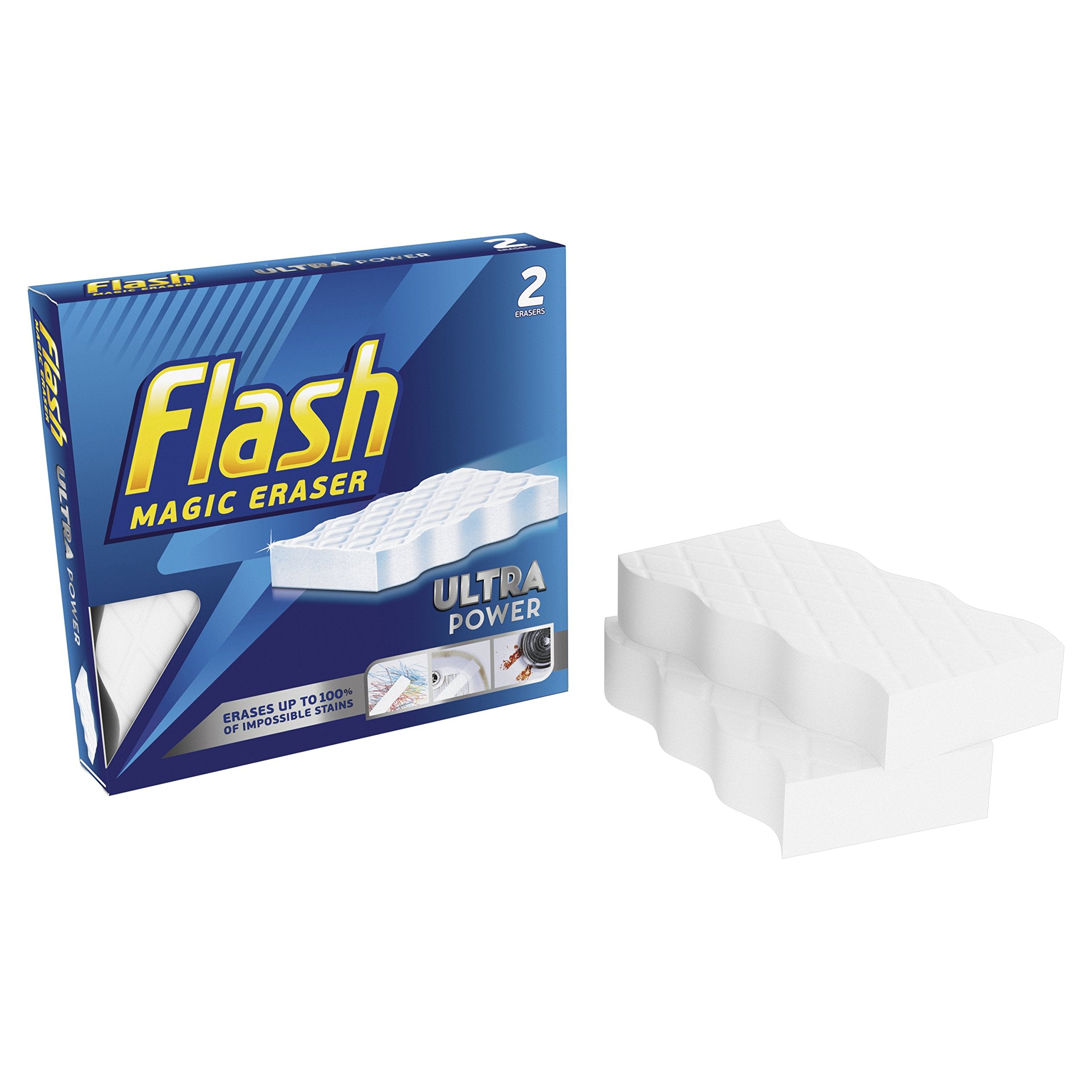 Flash Ultra Power Magic Eraser, Removes Impossible Stains Like Crayon on Walls, Tough Grease on Hobs or Grime on Wheel Hubs, 2X