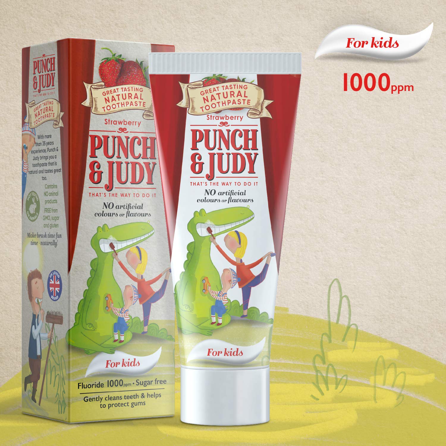 Punch & Judy - Natural Toothpaste for Kids, Flavoured Toothpaste for Children, Fluoride 1000 ppm, Sugar Free, 50ml