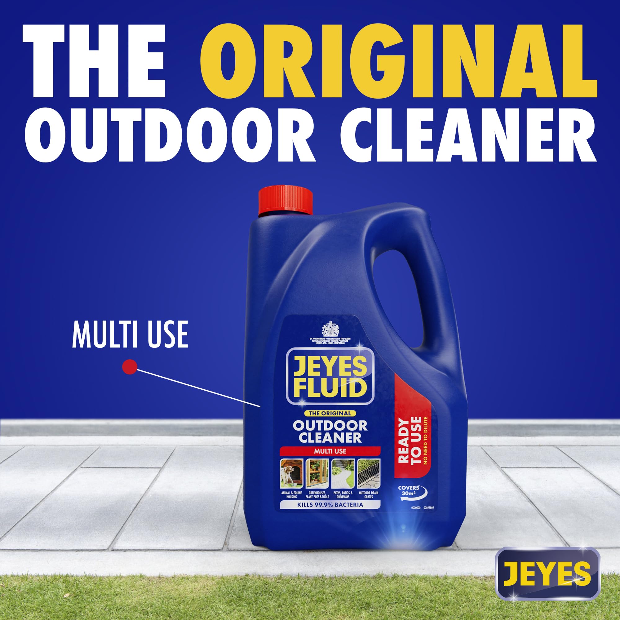 Jeyes Fluid Ready-To-Use Outdoor Cleaner and Disinfectant for Paths, Patios, Driveways and Pet Housing, Blue, 4 Litre, Packing May Vary.