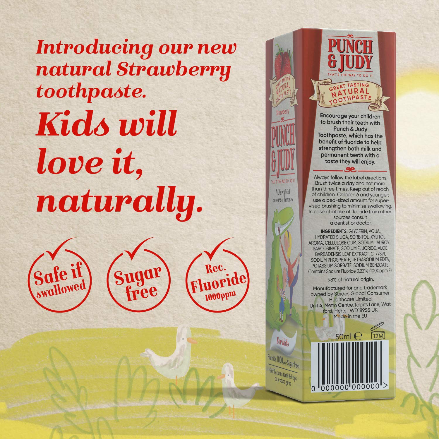 Punch & Judy - Natural Toothpaste for Kids, Flavoured Toothpaste for Children, Fluoride 1000 ppm, Sugar Free, 50ml