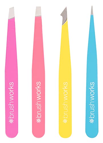 Brushworks HD 4 Piece Combination Tweezer Set - Neon - Bargain Genie