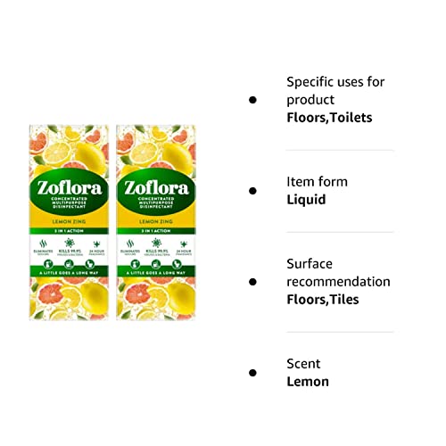 Zoflora Concentrated Multipurpose Disinfectant & Odor Eliminator, 3 in 1 Action, Twin Pack, 2 x 500 ml, Lemon Zing Scent - Bargain Genie