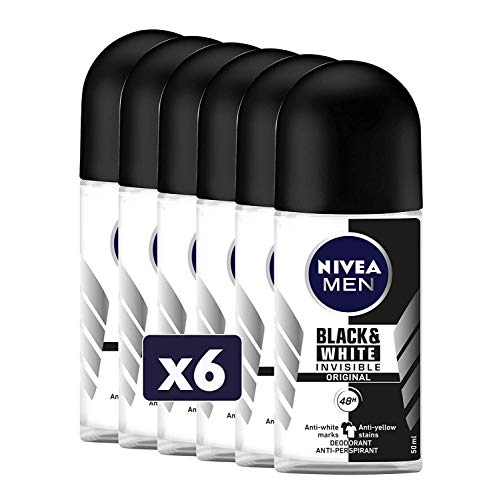 6x Nivea MEN Invisible Black & White Deodorant 48H Anti-Perspirant ROLL ON 50ml - Bargain Genie