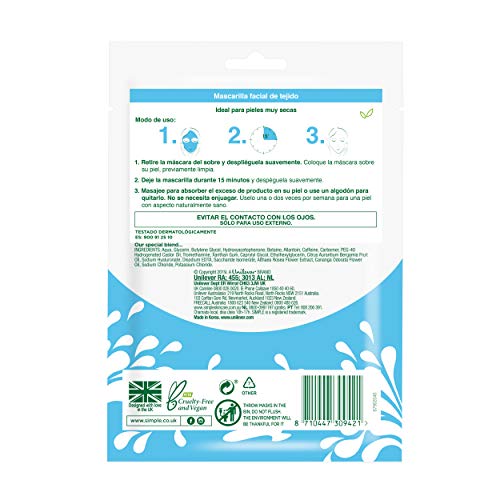 Simple Hydrating 16 days' worth of moisturiser in just 15 minutes Sheet Mask face mask for dry skin 1 pc - Bargain Genie