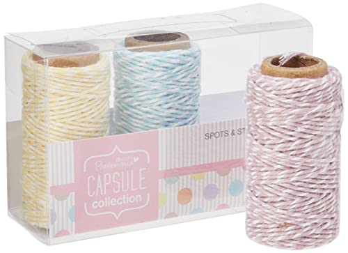 Papermania 20 m 3-Piece Capsule Collection Spots and Stripes Pastels Bakers Twine, Multi-Colour - Bargain Genie