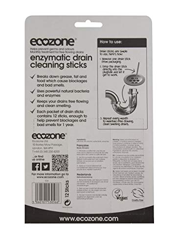 EcoZone Drain Cleaning Sticks, Enzymatic Pipe Unblocker, Prevents Plug Hole Obstructions and Keeps Water Flowing Freely, Natural Vegan and Non Toxic Kitchen and Bathroom Treatment Kit (x 12) - Bargain Genie