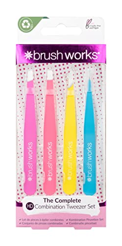 Brushworks HD 4 Piece Combination Tweezer Set - Neon - Bargain Genie