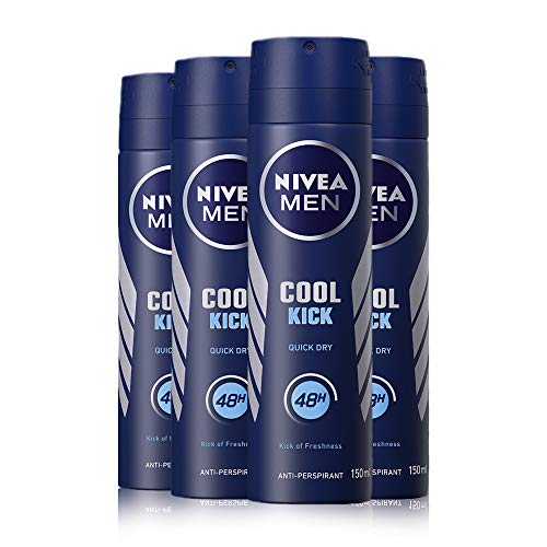 NIVEA MEN Cool Kick Anti-Perspirant Deodorant Spray Pack of 4 (4 x 150ml), Men's Anti-Perspirant Deodorant, Fresh 48H Protection Deodorant Men's Aerosol Spray + Cool-Care - Bargain Genie