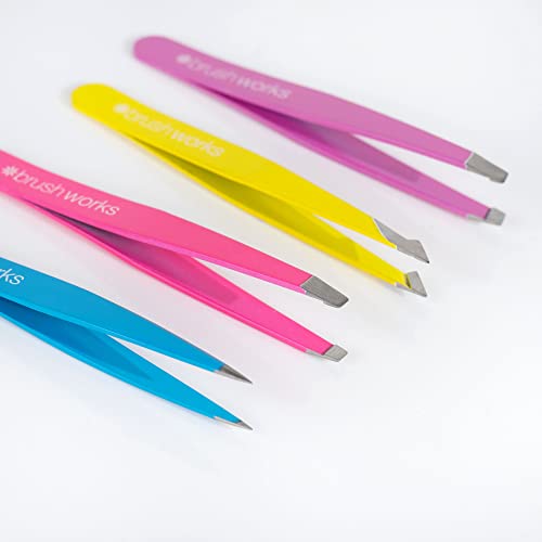 Brushworks HD 4 Piece Combination Tweezer Set - Neon - Bargain Genie