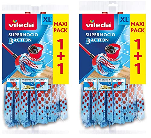 4 x Vileda Supermocio 3 Action Microfibre Mop Head Replacement Refill Blue - Bargain Genie