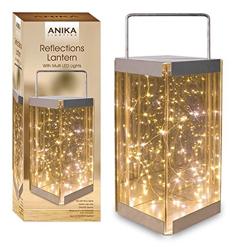 Anika 62190 Glass Reflections Lantern with 30 Warm White Battery Operated LED Rice Lights, Packaging may vary - Bargain Genie