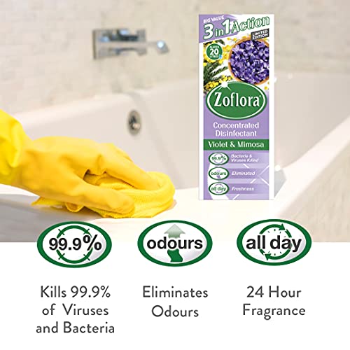 Zoflora Violet and Mimosa 500ml, Concentrated 3-in-1 Multipurpose Disinfectant Kills 99.9% of Bacteria & Viruses