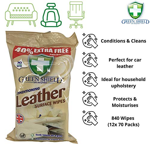 Green Shield Leather Surface Cleaning Wipes 12x 70 Packs: Car Leather and Upholstery Moisturising and Conditioning Wipes: 840 Bulk Wipes in a Retail Display Box - Bargain Genie