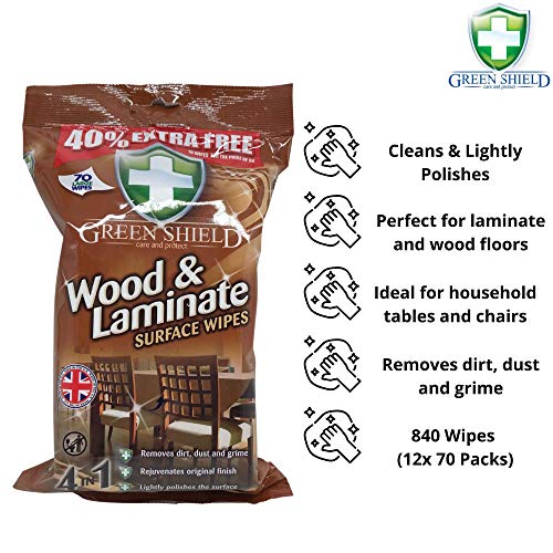 Green Shield Wood and Laminate Surface Cleaning Wipes 12x 70 Packs: Ideal for Wooden Furniture, Shelves and Wooden Floors: 840 Multipurpose Wipes in a Retail Ready Display and Dispense Box