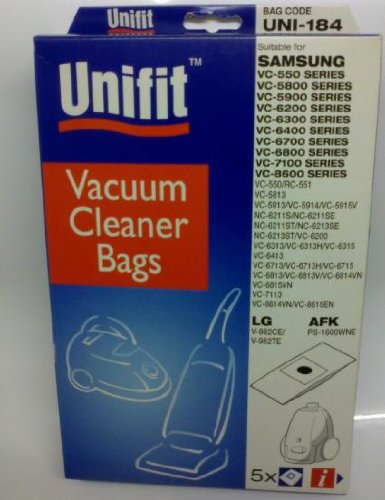 UNIFIT VACUUM BAGS TO SUIT SAMSUNG VC-550 SERIES/ VC5800 SERIES/ VC5900 SERIES/ VC6200 SERIES/ VC6300 SERIES/ VC6400 SERIES/ VC6700 SERIES/ VC6800 SERIES/ VC7100 SERIES/ VC8600 SERIES, LG V-982CE/V-982TE. AFK PS-1600WNE - Bargain Genie