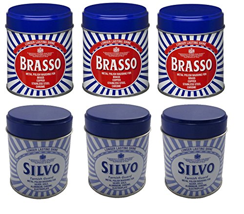 Pack Of 6 - 3 x Brasso Wadding Duraglit 3 x Silvo Wadding Duraglit Polish Tins - Bargain Genie