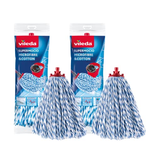 Vileda SuperMocio Microfibre and Cotton Refill, Pack of 2 SuperMocio Microfibre and Cotton Mop Head Replacements, Fits all SuperMocio Mops, Authentic Vileda Mop Head, White, 18 x 10 x 37 cm - Bargain Genie