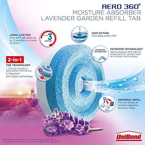 UniBond AERO 360° Moisture Absorber Lavender Garden Refill Tab, aromatherapy, ultra-absorbent and odour-neutralising, for AERO 360° Dehumidifier, Condensation Absorbers - Bargain Genie