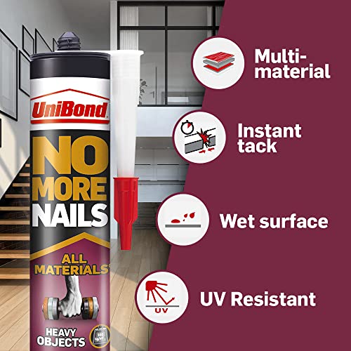 UniBond 2492936 No More Nails All Materials Heavy Objects Construction Adhesive, All Materials Grab Adhesive, High Strength Adhesive Bonding, White, 440 g Cartridge - Bargain Genie