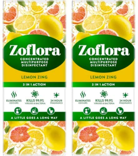 Zoflora Concentrated Multipurpose Disinfectant & Odor Eliminator, 3 in 1 Action, Twin Pack, 2 x 500 ml, Lemon Zing Scent - Bargain Genie