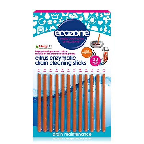 EcoZone Drain Cleaning Sticks, Enzymatic Pipe Unblocker, Prevents Plug Hole Obstructions & Keeps Water Flowing Freely, Natural Vegan & Non Toxic Kitchen & Bathroom Treatment Kit (x 12, 1 Year Supply) - Bargain Genie