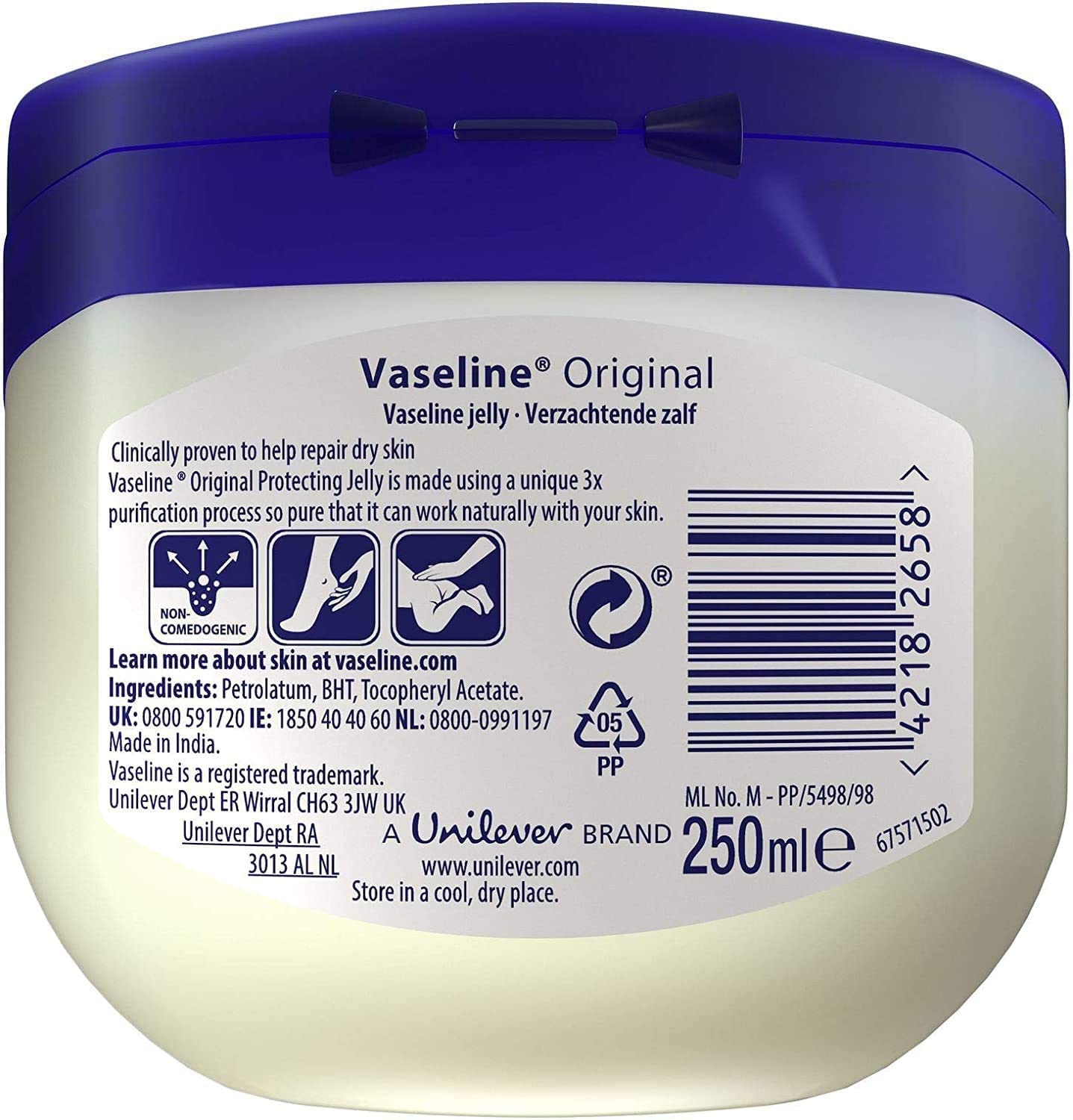 VASELINE PURE PETROLEUM JELLY ORIGINAL 250ML DRY SKIN MOISTURISER PROTECTS FROM CHAPPING